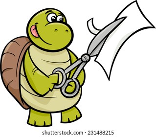 Cartoon Vector Illustration of Funny Turtle Animal Character Cutting Paper with Scissors