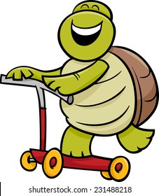 Cartoon Vector Illustration of Funny Turtle Animal Character Riding on Scooter