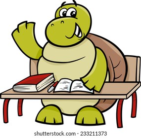 Cartoon Vector Illustration of Funny Turtle Animal Character Raising Hand on the Lesson