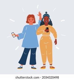 Cartoon vector illustration of Funny two beautiful best friends teen girls posing together on white backround.
