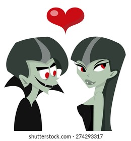 A cartoon vector illustration of a funny vampire couple in love.