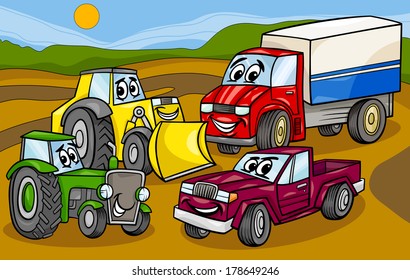 Cartoon Vector Illustration of Funny Vehicles and Machines or Trucks Cars Comic Characters Group