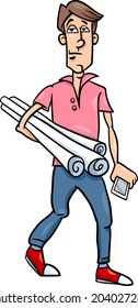 Cartoon Vector illustration of Funny Young Man or Architect with Plans and Phone