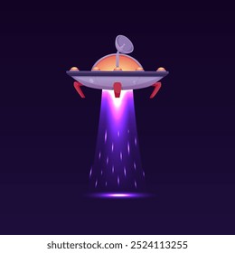 Cartoon vector illustration of a futuristic ship with a satellite dish, glowing lights. This alien transport is designed for night exploration of the universe.