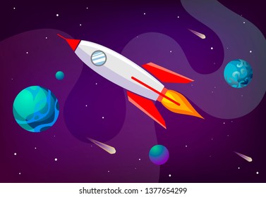 Cartoon vector illustration galaxy with rocket. Vector background galaxy