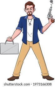 Cartoon vector illustration of a gangster posing and holding a briefcase and gun