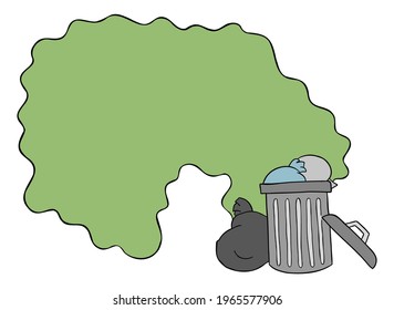 Dibujo vectorial de caricatura del basurero en la calle y el desagradable olor de la basura. Bordes de colores y negros.
