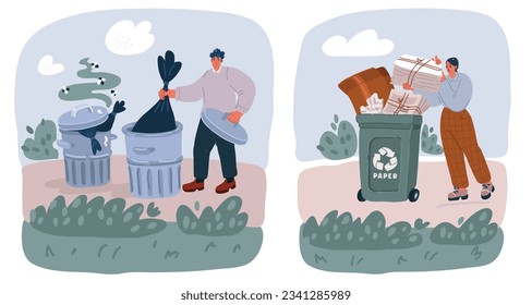 Cartoon vector illustration of Garbige. People sorting trash and they are not concept. Woman put paper wasting into recycle container. Environment care. Man throw garbige in Dirty trash can