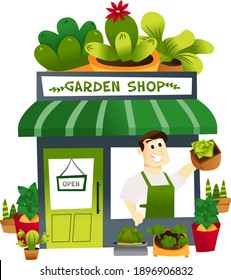 A cartoon vector illustration of a garden shop and a male storekeeper at the window.