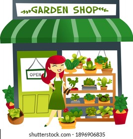 A cartoon vector illustration of a garden shop and storekeeper with cactuses and other plants.