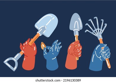Dibujo vectorial de dibujos animados de elementos de trabajo de Garden. Conjunto de equipos para trabajos agrícolas, plantaciones o trasplantes, trabajos en el jardín. Manos huyendo pala, rastrillo, semilla, lanzador 