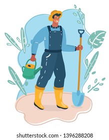 Cartoon vector illustration of Gardening beautiful woman in rubber boots holding water can and shovel in her hand.