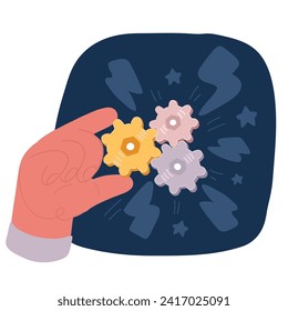 Cartoon vector illustration of Gear hold in hands businessman. Effective teamwork concept. Cooperation over dark backround