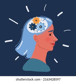 Cartoon vector illustration of gear inside of a woman's brain over dark backround.