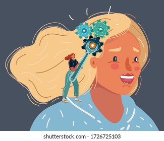 Cartoon vector illustration of Gear symbol in the head of a thinking woman on a background. Influence on opinion, manipulation, therapy, behavior correction, lack of independence.