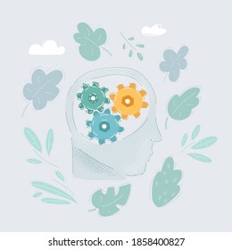 Dibujo vectorial de caricatura ilustrativo de los engranajes en lugar del cerebro en la cabeza humana sobre fondo blanco.