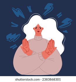 Cartoon vector illustration of Gender violence concept Women show stop gesture or sign protest against racial or gender discrimination. International day for elimination over dark background