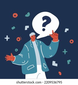 Cartoon vector illustration of Generating new ideas man. Thoughtful young man with questiomn mark over dark backround