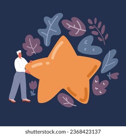Cartoon vector illustration of Get star. Human holds big star isolated in background night sky. Concept of reward, victory. Successful achievement over dark backround