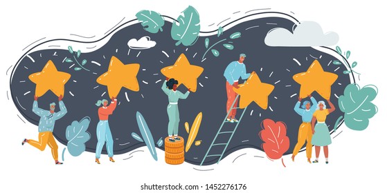 Cartoon vector illustration of Get the stars people. Reach height. Characters holds a big yellow star on background night sky. Concept of reward, victor. Successful team and friends achievement