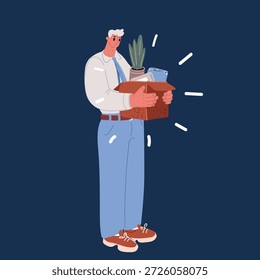 Ilustración vectorial de dibujos animados de ser despedido. Vista lateral del hombre de negocios guapo en ropa formal que sostiene una caja con sus cosas sobre fondo oscuro