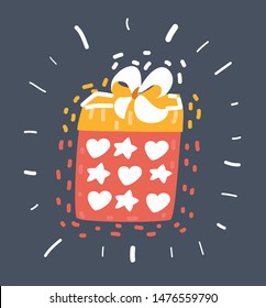 Cartoon vector illustration of gift box Present or package with bursting elements, surprise inside on dark background.