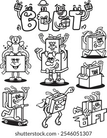 Ilustración vectorial de dibujos animados de una caja de regalo en forma de mascota