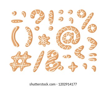 Cartoon vector illustration Ginger bread Cookies signs. Hand drawn Christmas font. Actual Creative Holidays bake alphabet