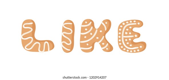 Cartoon vector illustration Ginger bread Cookies word LIKE. Hand drawn Christmas font. Actual Creative Holidays bake alphabet