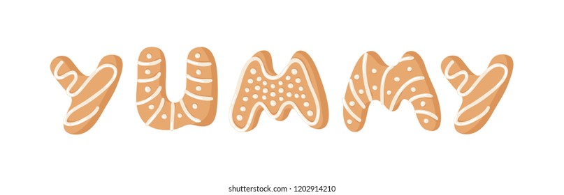 Cartoon vector illustration Ginger bread Cookies word YUMMY. Hand drawn Christmas font. Actual Creative Holidays bake alphabet