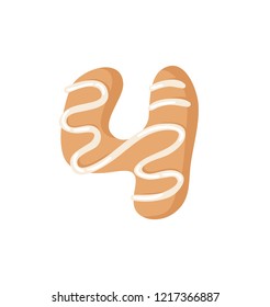 Cartoon vector illustration Ginger bread Cookie Number 4. Hand drawn Christmas sweet. Actual Creative Holidays bake alphabet