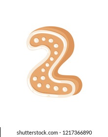 Cartoon vector illustration Ginger bread Cookie Number 2. Hand drawn Christmas sweet. Actual Creative Holidays bake alphabet