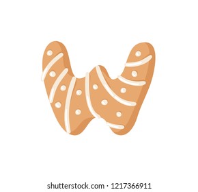 Cartoon vector illustration Ginger bread Cookie Letter W. Hand drawn Christmas sweet. Actual Creative Holidays bake alphabet