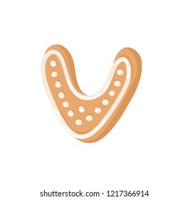 Cartoon vector illustration Ginger bread Cookie Letter V. Hand drawn Christmas sweet. Actual Creative Holidays bake alphabet