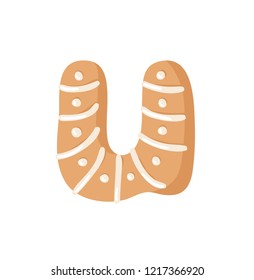 Cartoon vector illustration Ginger bread Cookie Letter U. Hand drawn Christmas sweet. Actual Creative Holidays bake alphabet