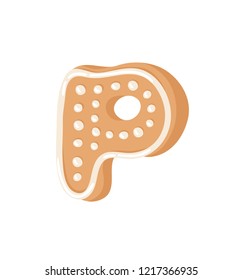 Cartoon vector illustration Ginger bread Cookie Letter P. Hand drawn Christmas sweet. Actual Creative Holidays bake alphabet
