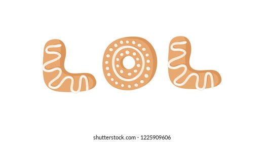 Cartoon vector illustration Ginger bread Cookies word LOL. Hand drawn Christmas font. Actual Creative Holidays bake alphabet