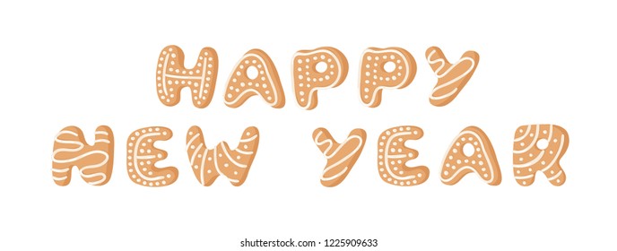 Cartoon vector illustration Ginger bread Cookies word HAPPY NEW YEAR. Hand drawn Christmas font. Actual Creative Holidays bake alphabet