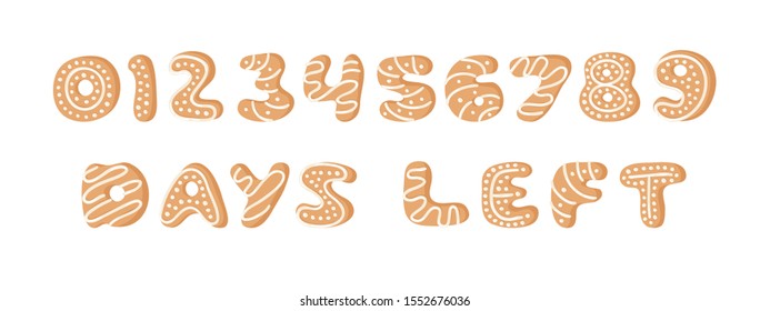 Cartoon vector illustration Ginger bread Cookies. Hand drawn Christmas font. Actual Creative Holidays bake alphabet and word DAYS LEFT and numbers