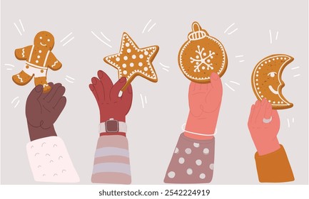 Cartoon vector illustration of ginger cookies. Hand holding star, man, ball, crescent shapes gingerbread. Merry Christmas and Happy New Year concept.