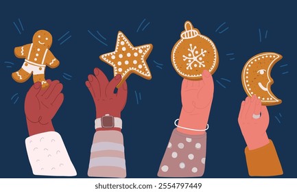 Cartoon vector illustration of Gingerbread cookie of Christmas. Warm. New Year and winter holidays. Merry Christmas over dark backound