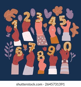 Ilustração vetorial de desenhos animados de biscoitos de gengibre Números, Ano Novo Festivo Pão de Gengibre Numerais de Um a Zero, Natal ou Ano Novo comida de inverno. Números de gengibre 1,2,3,4,5,6,7,8,9,0 
