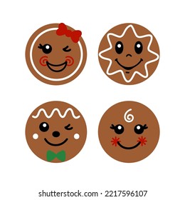 Cartoon vector illustration of gingerbread faces. Christmas concept