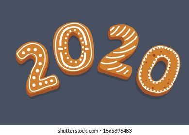 Cartoon vector illustration of gingerbread figures of 2020 new year cookie numbers with icing. Traditional winter holiday, Christmas decoration on dark background