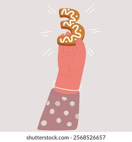 Cartoon vector illustration of Gingerbread font. Christmas hand hold three, 3 number cookie. Gingerbread
