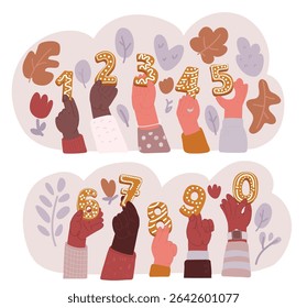 Cartoon vector illustration Gingerbread holidays cookies font alphabet, Christmas or New Year winter food. Gingerbread numbers 1,2,3,4,5,6,7,8,9,0