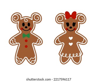 Cartoon vector illustration of gingerbread men with mouse ears. Christmas concept
