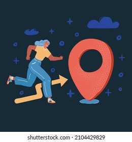 Cartoon vector illustration of Girl athlete running to location on dark backround.