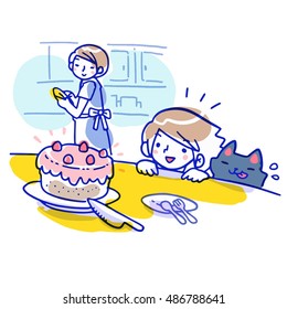 Cartoon vector illustration of a girl and a black cat, with mouth-watering expression, take a look at a strawberry cake on the yellow table while her mother glancing back at them with a kind smile.