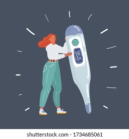 Cartoon vector illustration of girl checking her body temperature. Tiny woman hold big thermometer